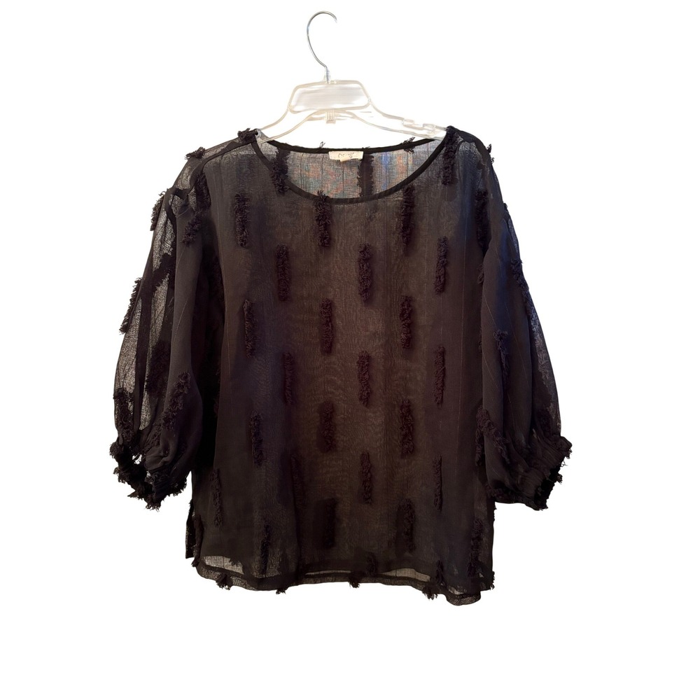 ODDI Womens‎ Black Sheer Eyelash Tufted Puff Sleeve Boho Blouse Size Large